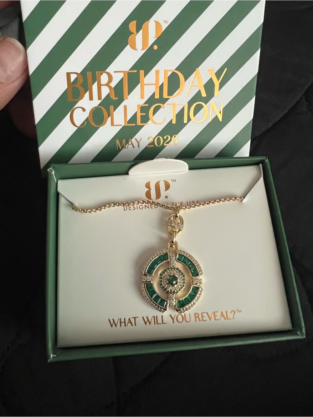 bp Gold-Tone Pendant Necklace with Green Enamel and Crystal Accents